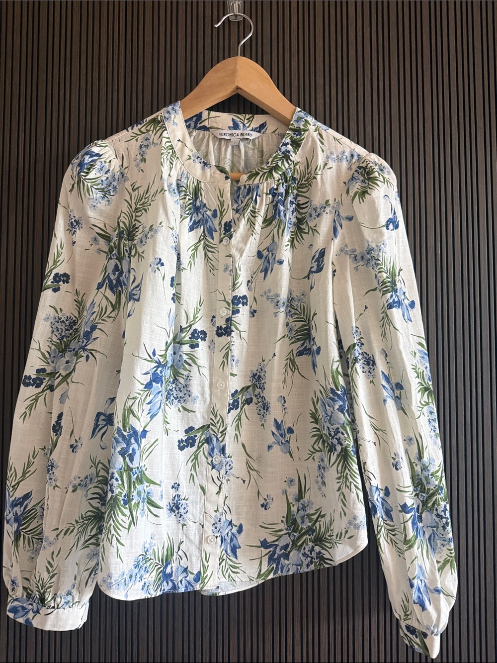 Veronica Beard Cream Button-Front Blouse with Blue & Green Floral Print